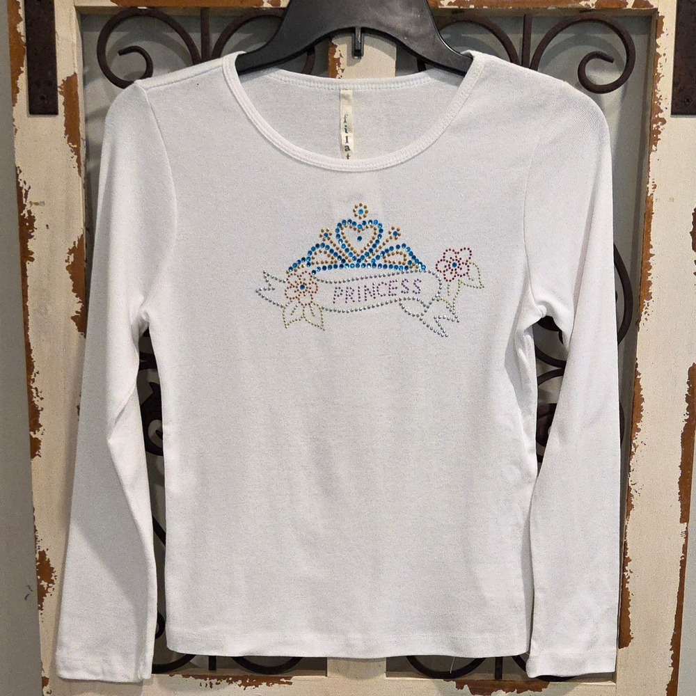 Y2K Filati Girls White Rhinestone Princess Tiara Long Sleeve Cotton Tee XL NWT
